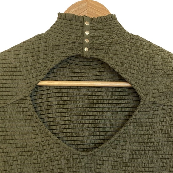 NATION LTD Yael Smocked High Ruffle Neck Top Ozark Green Pima Cotton Cutout Back - Picture 13 of 16